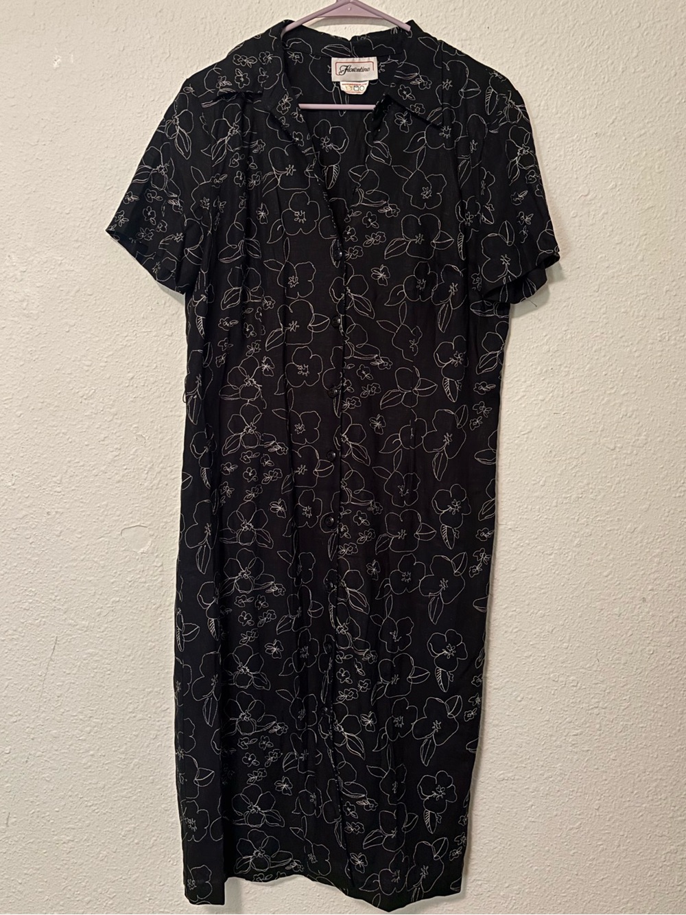Vintage Florentine Linen Blend Black Floral-Embroidered Button-Front Dress